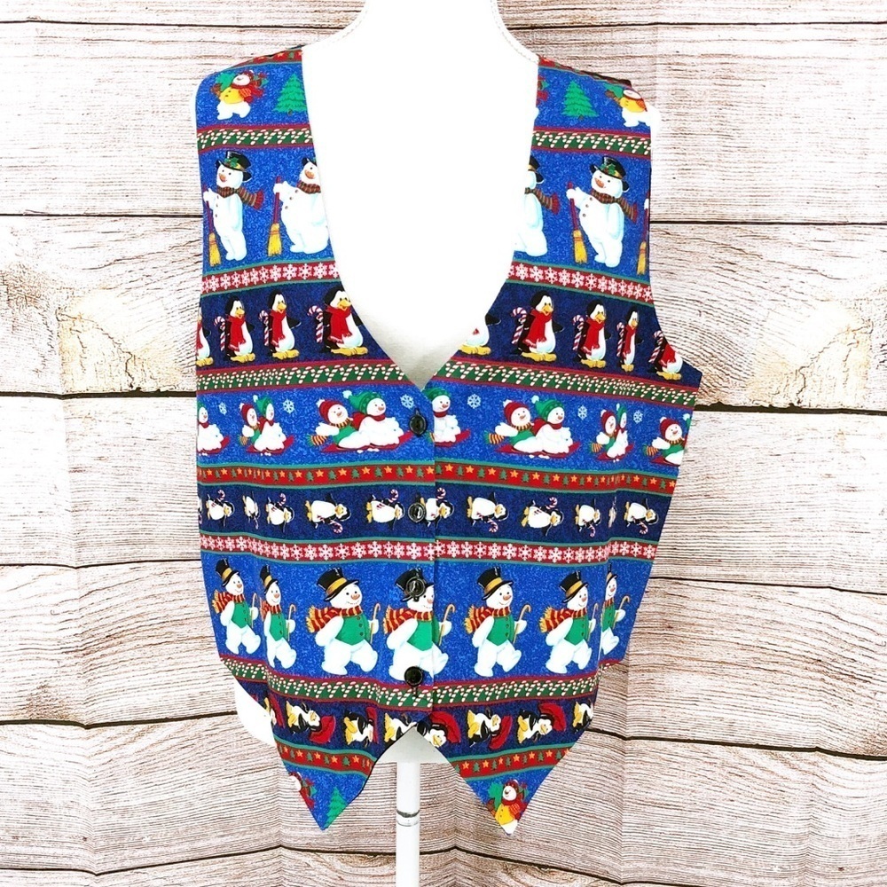 Vintage 111 Main Blue and Black Festive Snowman and Penguin Vest Size L